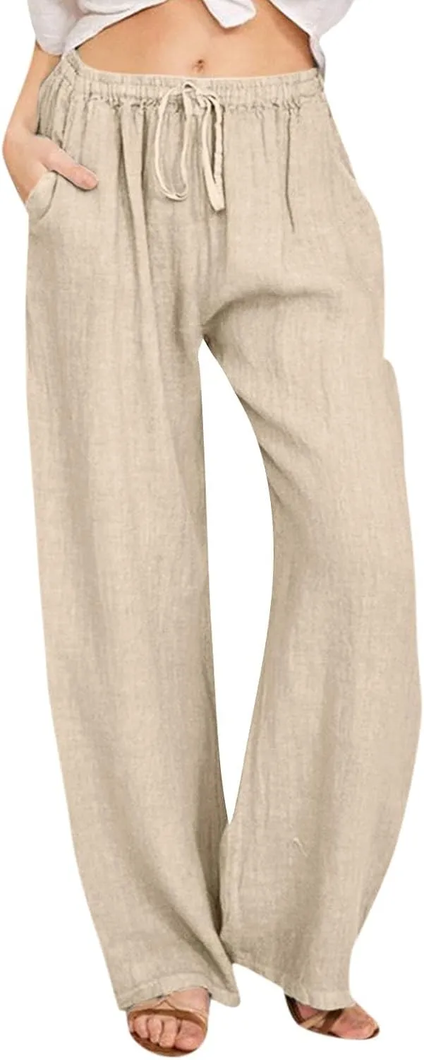 Women's Cotton Linen Pants,Spring Summer Wide Leg Casual Loose Drawstring High Waist Palazzo Pants with Pockets