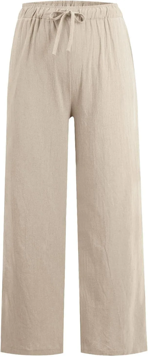 Women's Cotton Linen Pants,Spring Summer Wide Leg Casual Loose Drawstring High Waist Palazzo Pants with Pockets