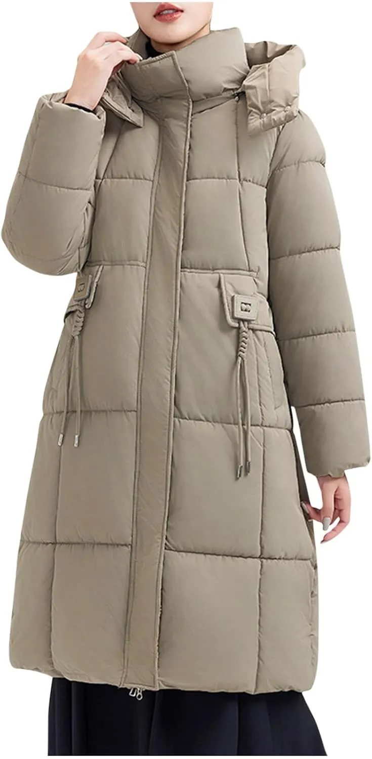 Women's Hooded Down Jacket Long Winter Coat Puffer Jackets Lightweight Quilted Hooded Long Down Alternative Outwear