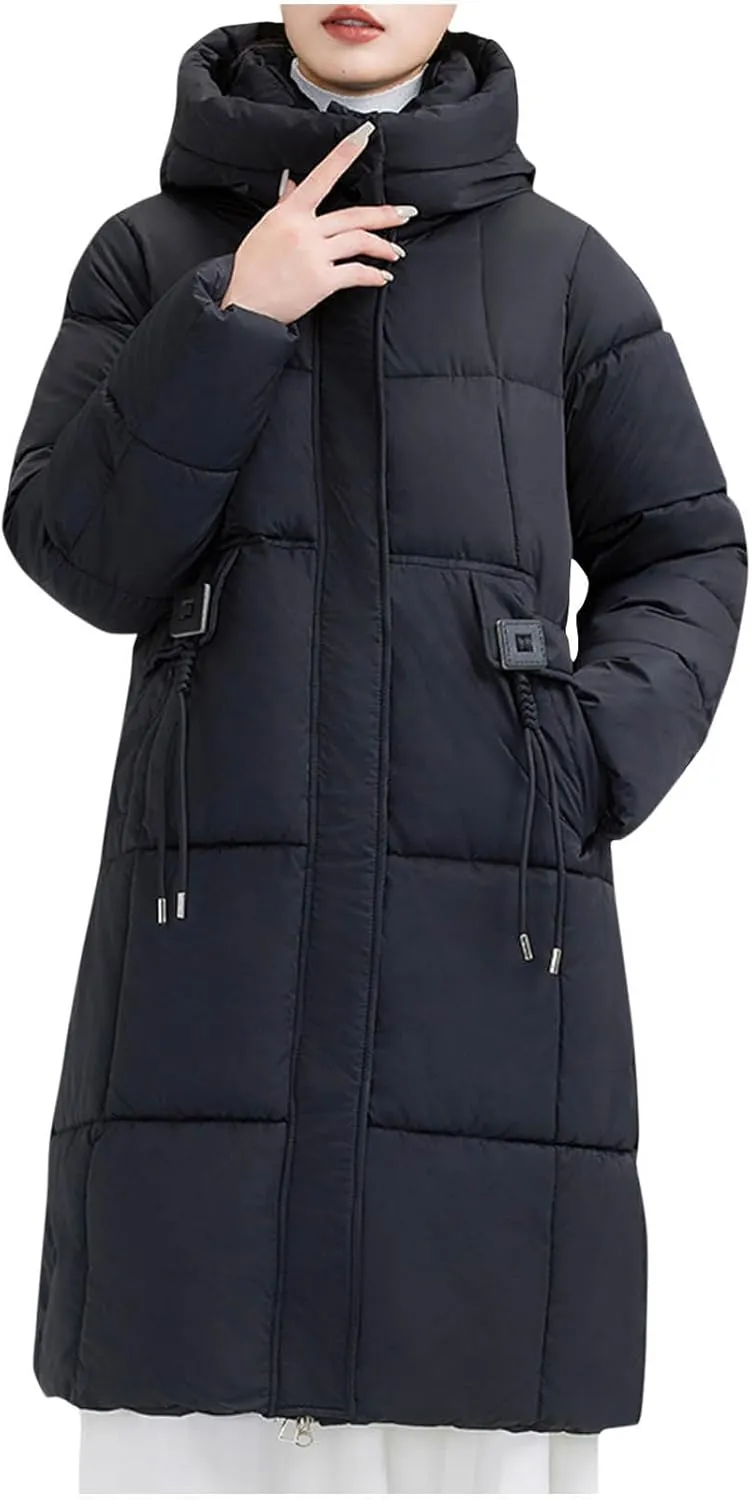 Women's Hooded Down Jacket Long Winter Coat Puffer Jackets Lightweight Quilted Hooded Long Down Alternative Outwear