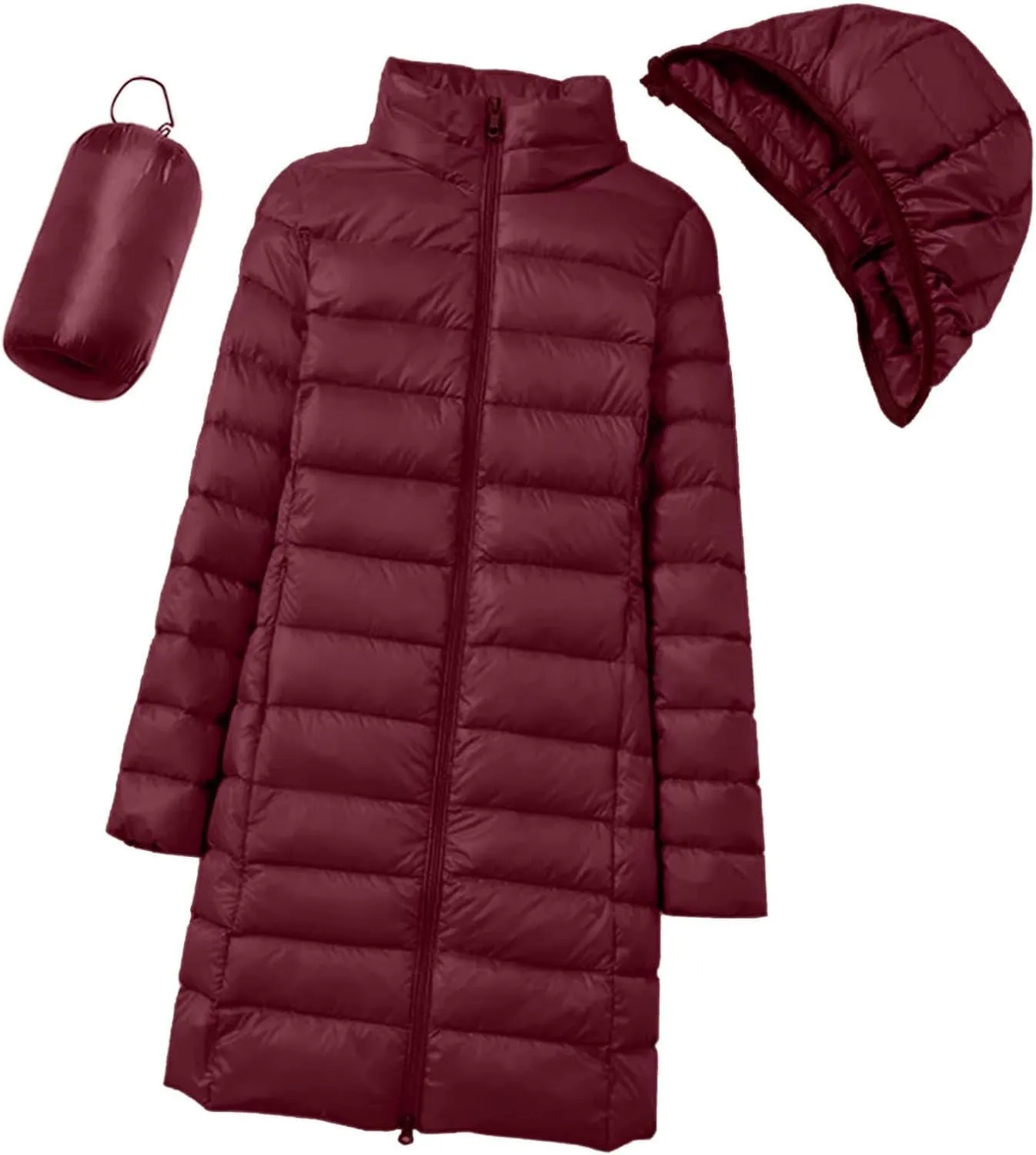 Womens Lightweight Down Puffer Coat Packable Mid-Length Removable Hood Down Coat With Pockets Winter Warm Long Jacket