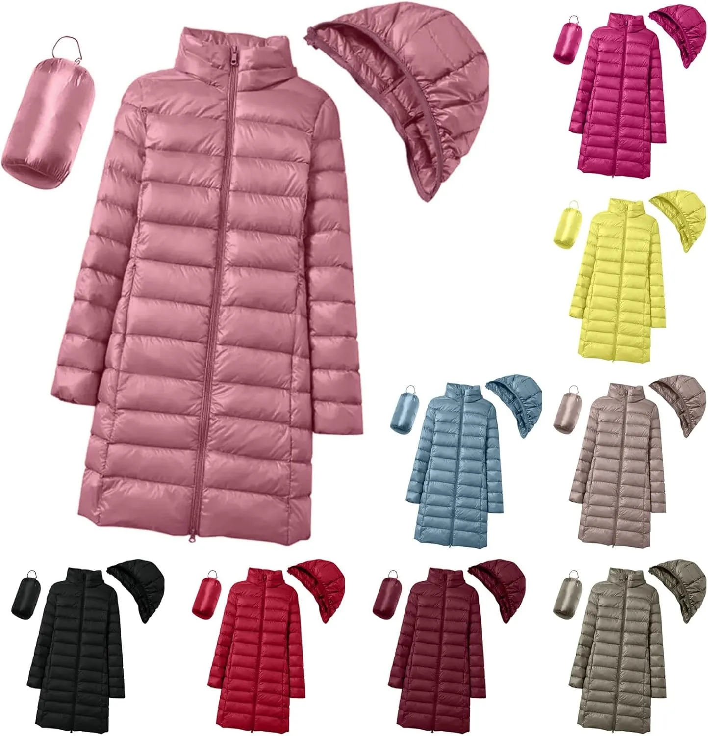 Womens Lightweight Down Puffer Coat Packable Mid-Length Removable Hood Down Coat With Pockets Winter Warm Long Jacket