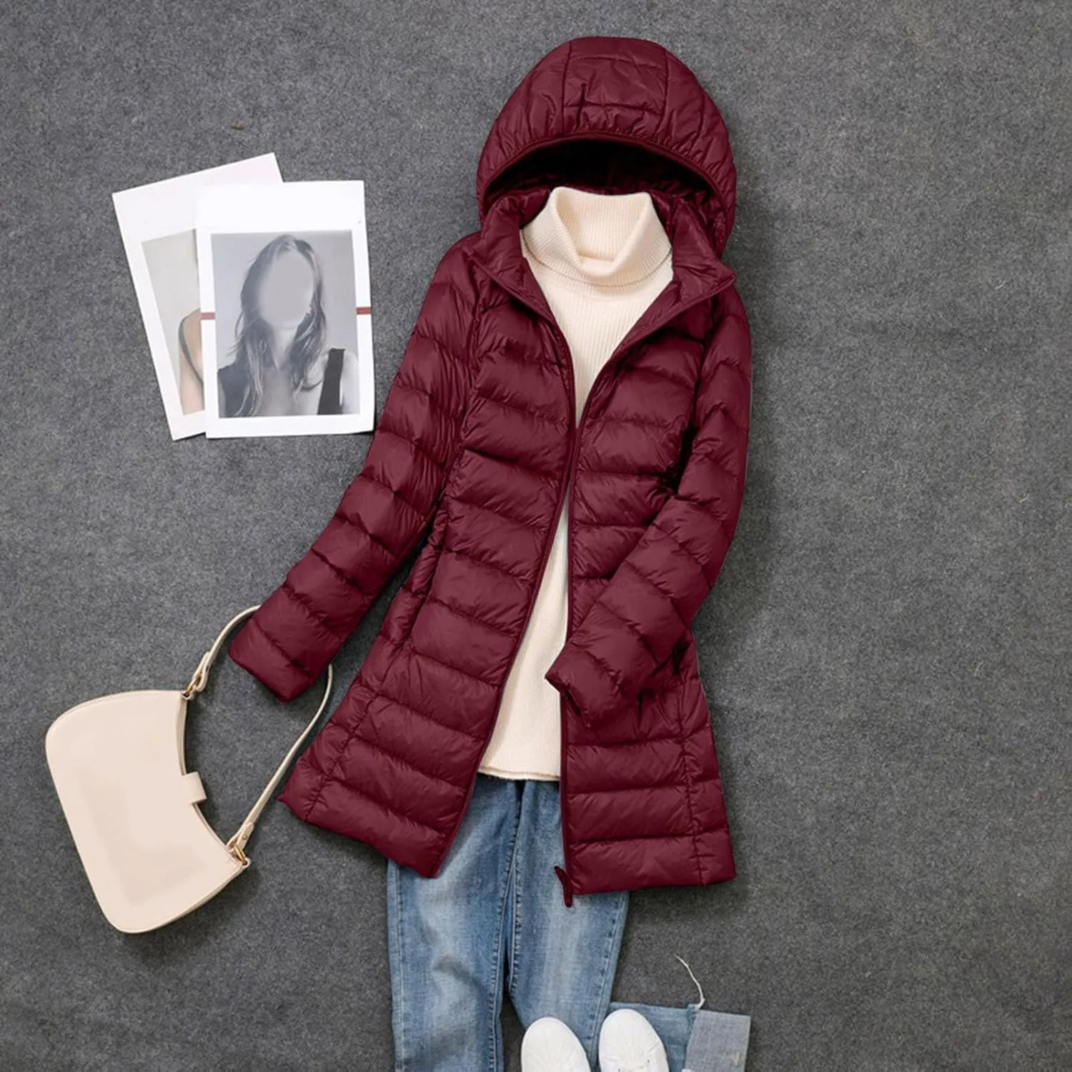 Womens Lightweight Down Puffer Coat Packable Mid-Length Removable Hood Down Coat With Pockets Winter Warm Long Jacket