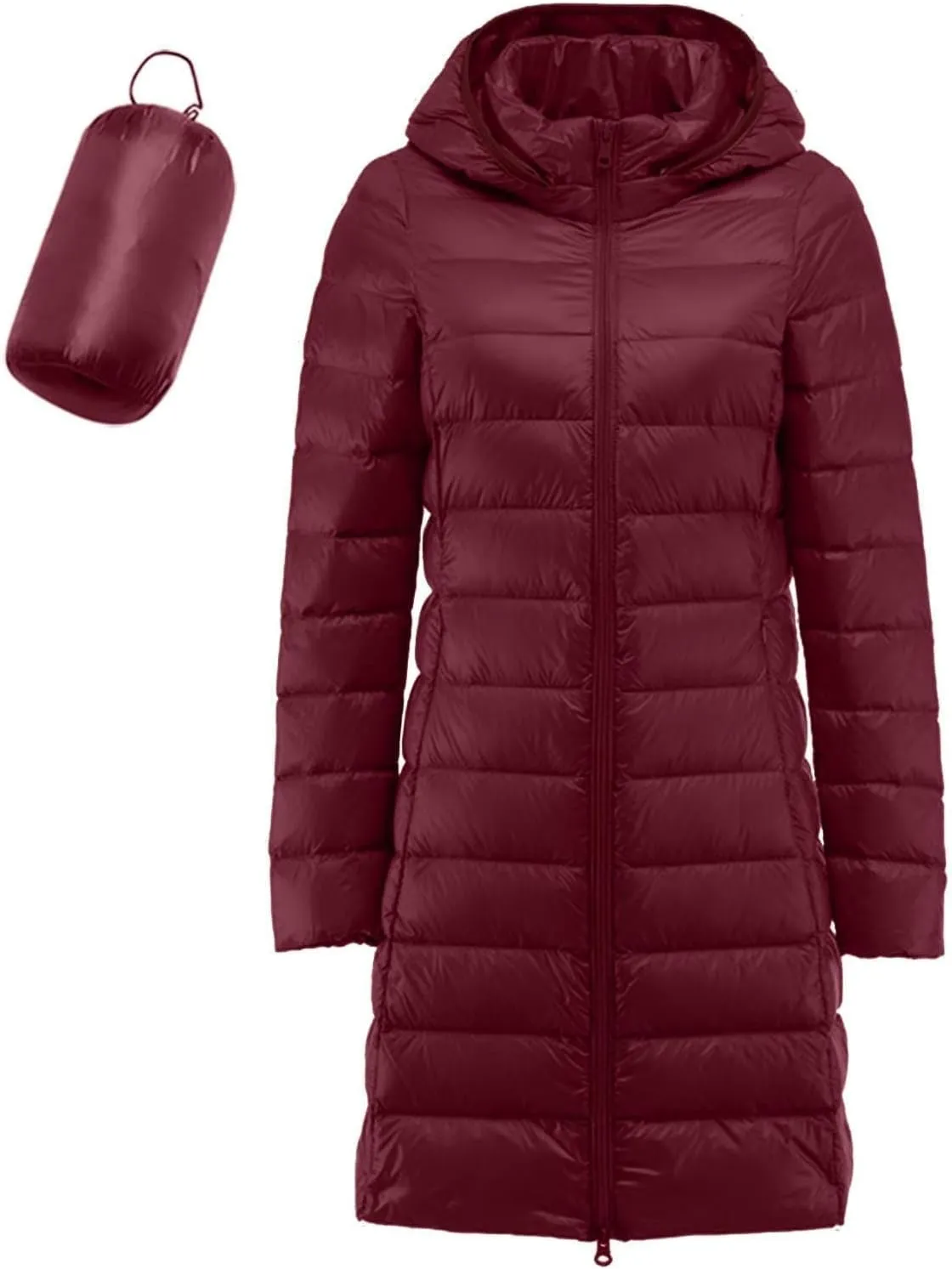 Womens Lightweight Down Puffer Coat Packable Mid-Length Removable Hood Down Coat With Pockets Winter Warm Long Jacket