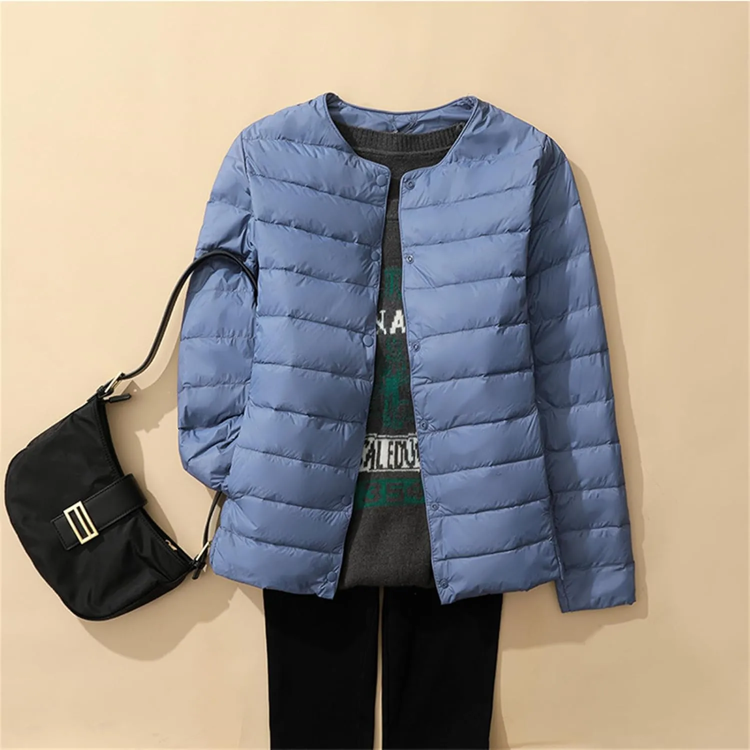 Womens Lightweight Puffer Jackets Fashion Collarless Button Down Jacket Packable Loose Winter Warm Down Coats