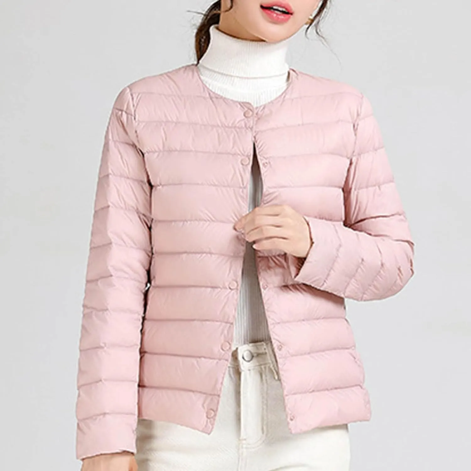 Womens Lightweight Quilted Puffer Jackets Collarless Snap Packable Short Down Jacket Winter Warm Down Coats Outwear