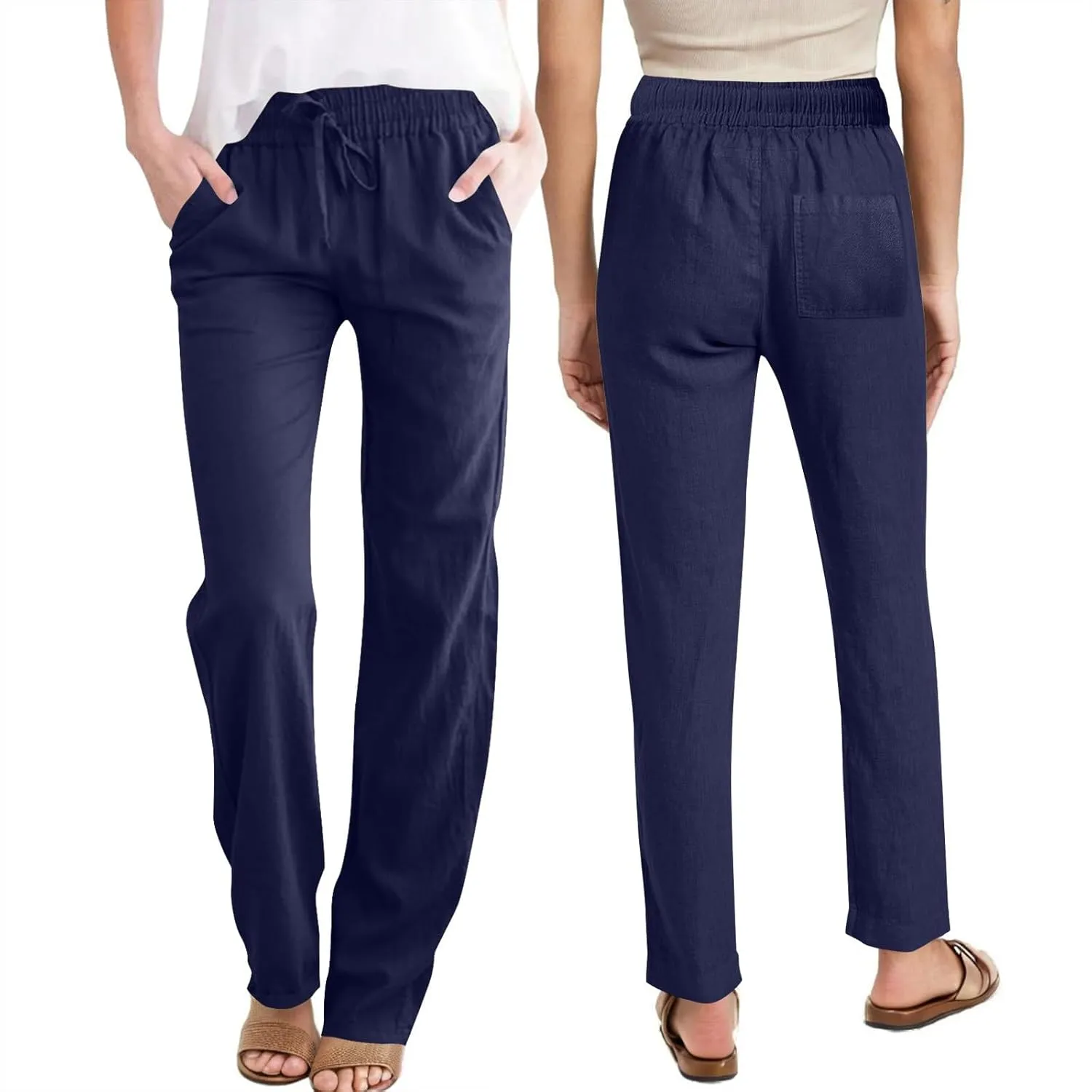 Womens Pants Stretch High Waist Drastring Trousers Business Casual Straight Solid Color Loose Comfy Pant with Pocket