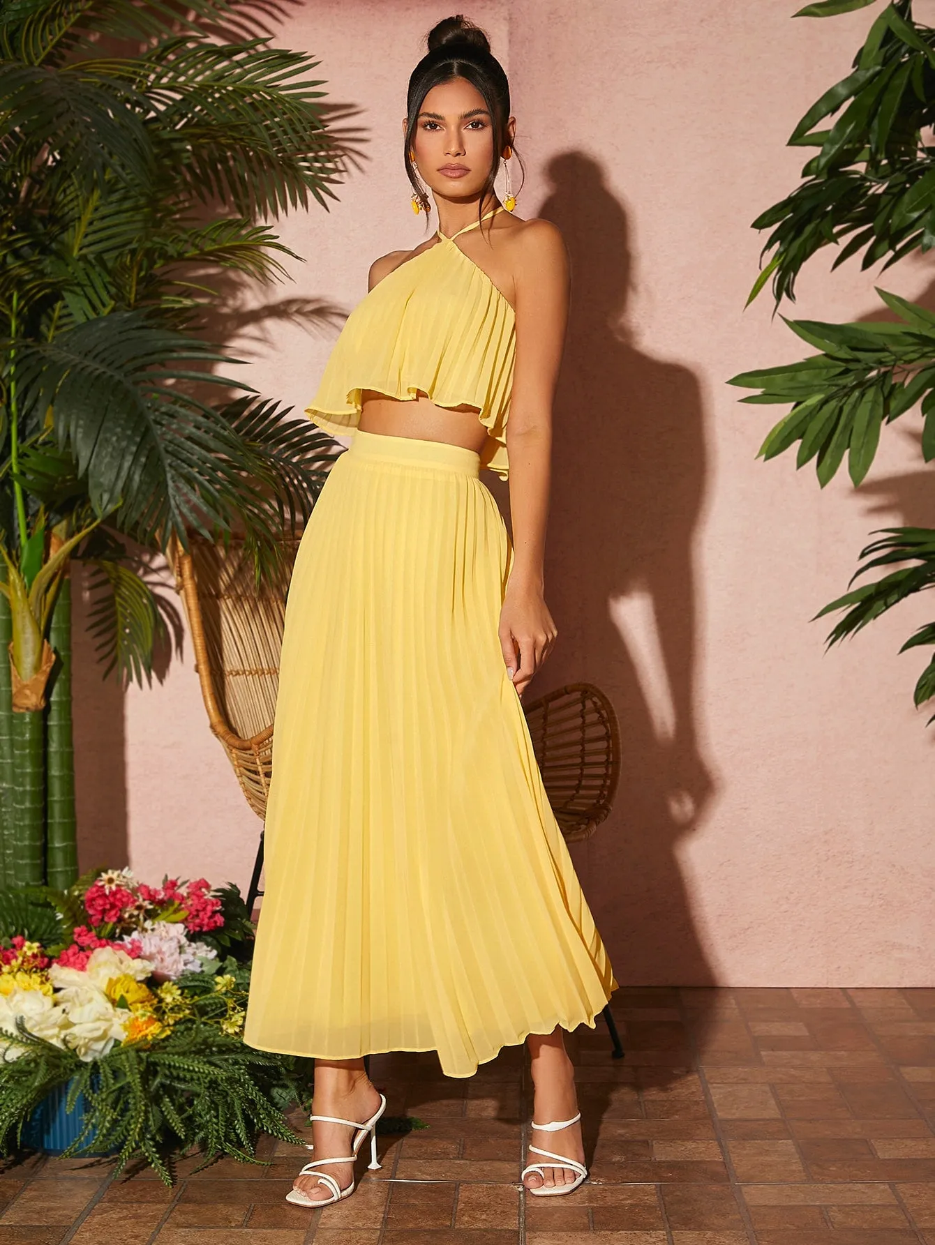 Yellow Tie Backless Sleeveless Halter Top and Pleated Skirt