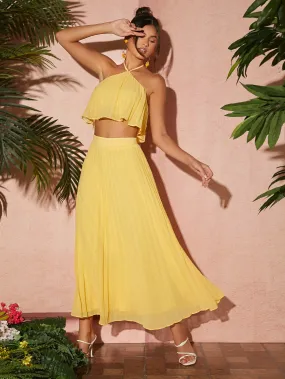 Yellow Tie Backless Sleeveless Halter Top and Pleated Skirt