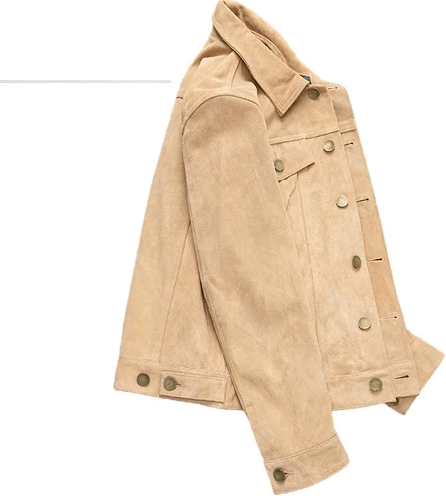 Youllyuu Men Suede Cowhide Motorcycle Jacket Coat England Style Suede Leather Button Western Biker Jacket
