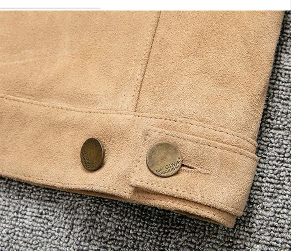 Youllyuu Men Suede Cowhide Motorcycle Jacket Coat England Style Suede Leather Button Western Biker Jacket