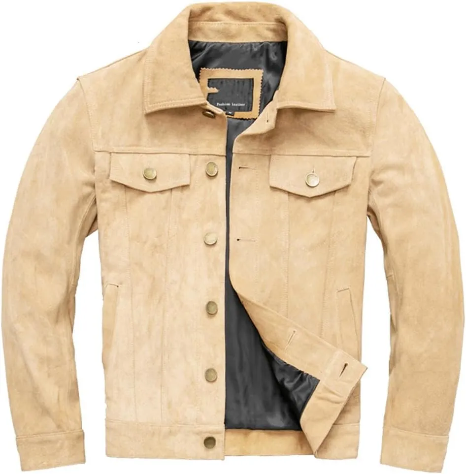 Youllyuu Men Suede Cowhide Motorcycle Jacket Coat England Style Suede Leather Button Western Biker Jacket