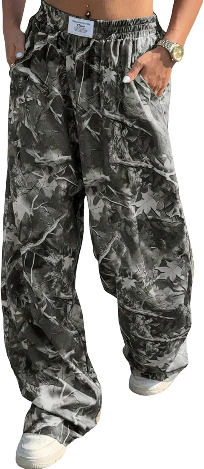 ZAFUL Women's Camo Cargo Pants Y2K Elastic High Waisted Wide Leg Casual Straight Pants Joggers Sweatpants with Patch Detail